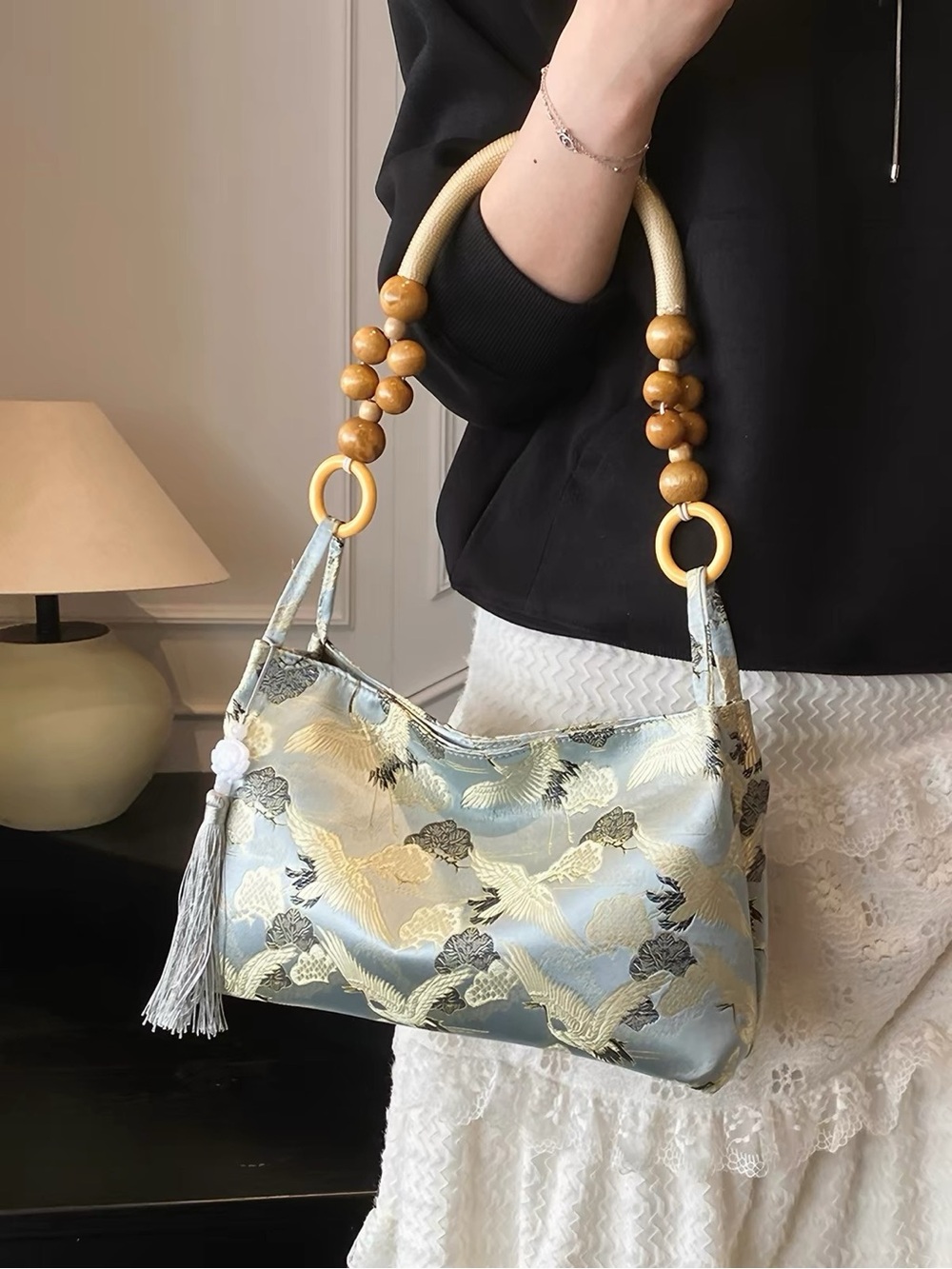 NWT Chinese Style Elegant Blue Crane Jacquard Shoulder Bag with Tassel